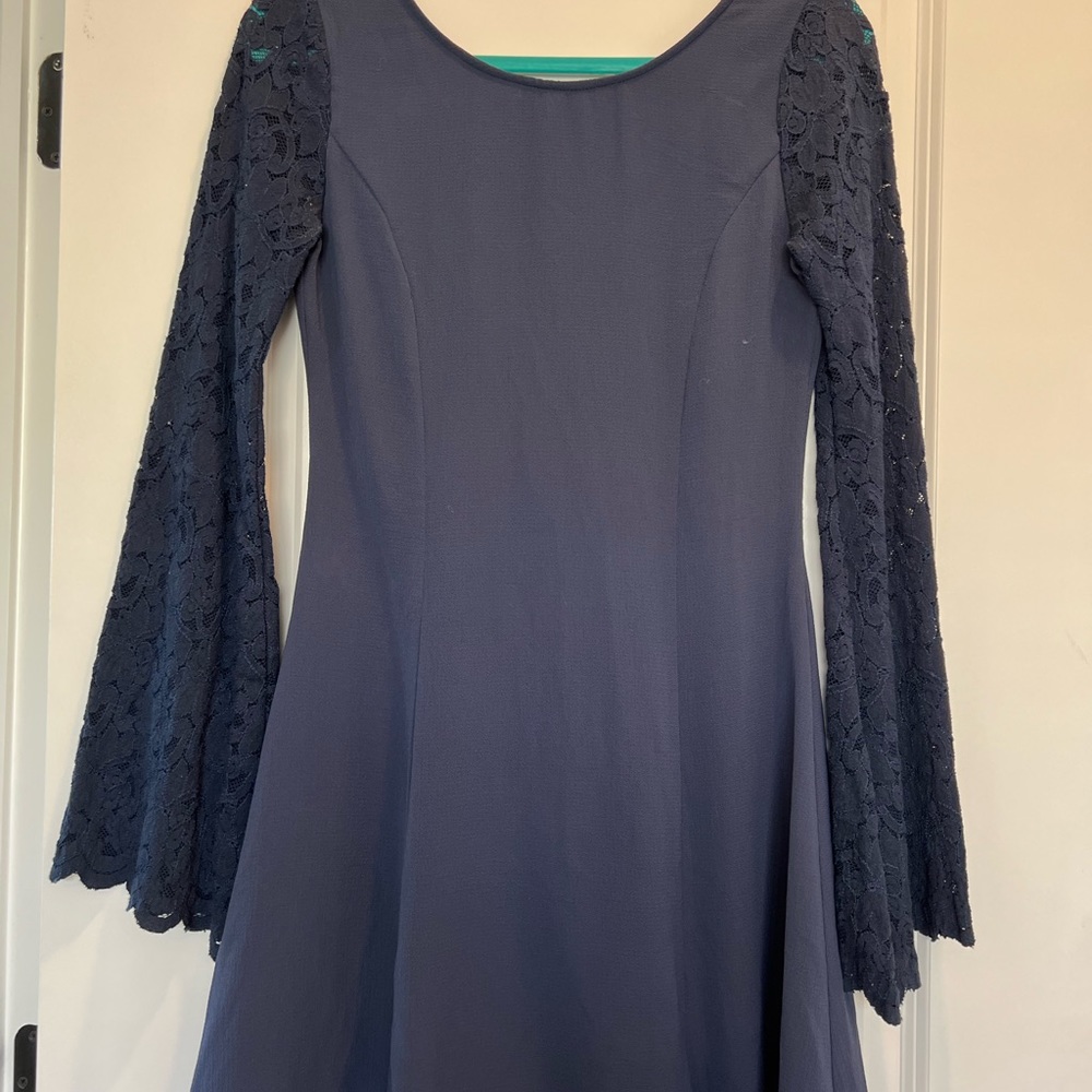 Blue Rain Long Crochet Bell Sleeve Navy Blue A-Line Dress, Size XS